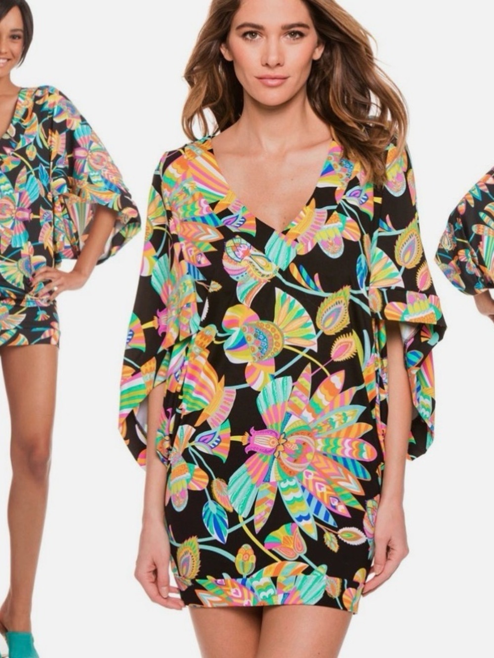 Trina Turk Tahitian Floral Multi Stretch Jersey Cover Up Tunic Top Mini Dress